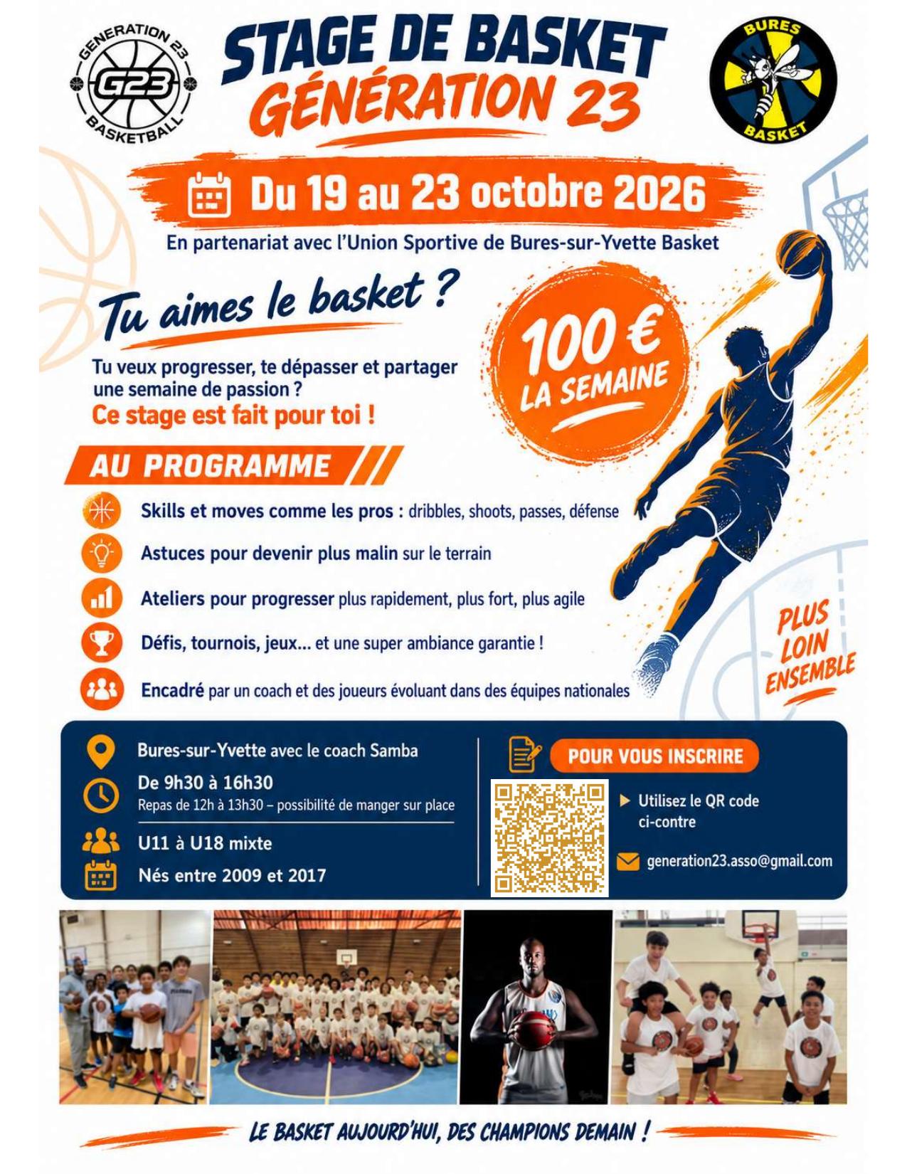 Flyer du stage de basket Génération 23, du 19 au 23 octobre 2026 à Bures-sur-Yvette